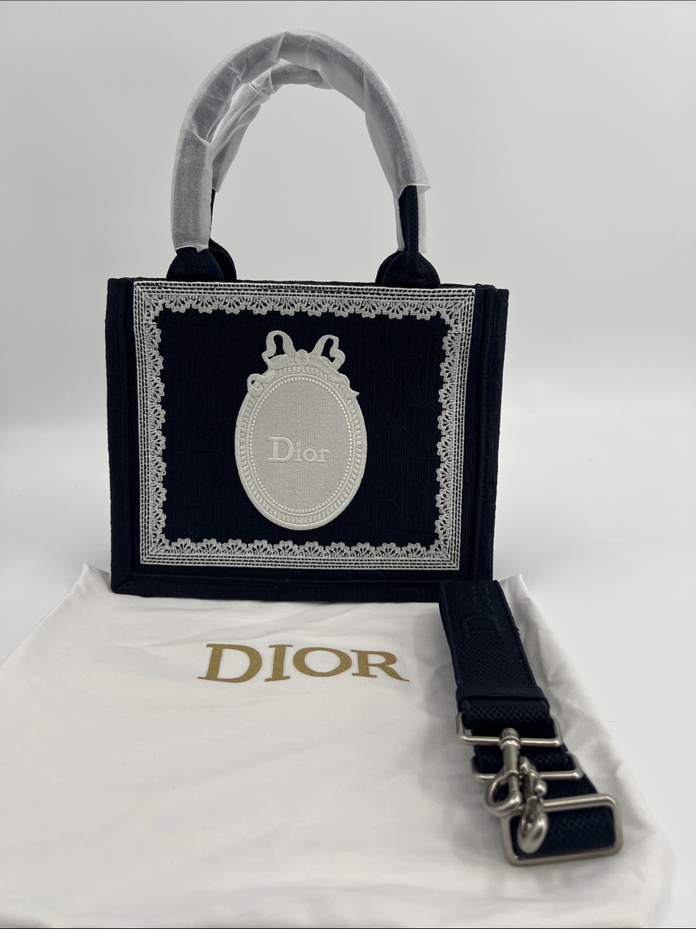 Small Cavvas Navy and White Embroidered Book Tote with Strap
